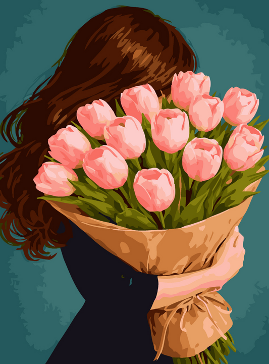The Girl with Pink Tulips Paint by Number Kit