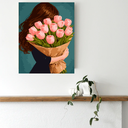 The Girl with Pink Tulips Paint by Number Kit